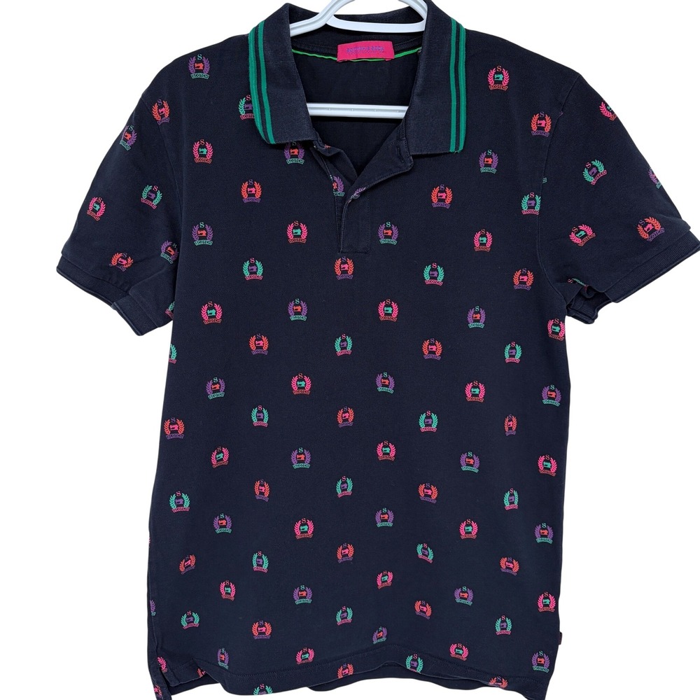 Scotch & Soda Polo Shirt Mens Medium AOP All Over Logo Pattern Runs‎ Sm